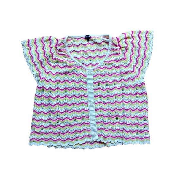 Torrid Women's Sz 6 Crochet Loose Knit Flutter Sleeve Zigzag Top Pink White EUC - Picture 12 of 16